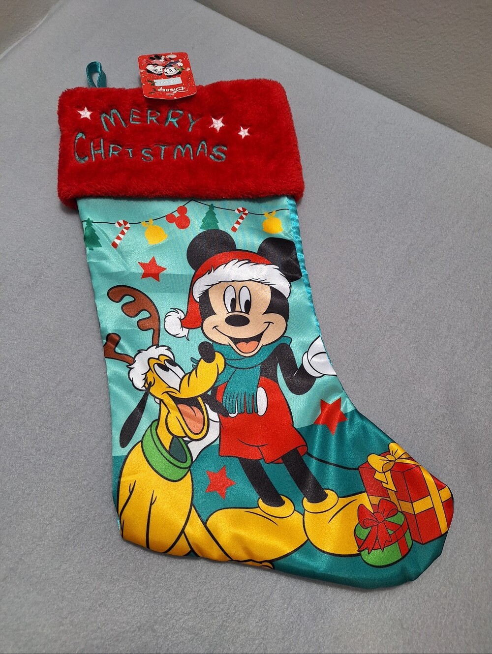 NWT Disney Mickey Mouse & Goofy 18 In Satin Christmas Stocking Red Plush Cuff